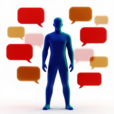Confident creator stands centered under bright light, surrounded by faint colorful speech bubbles on a white background.