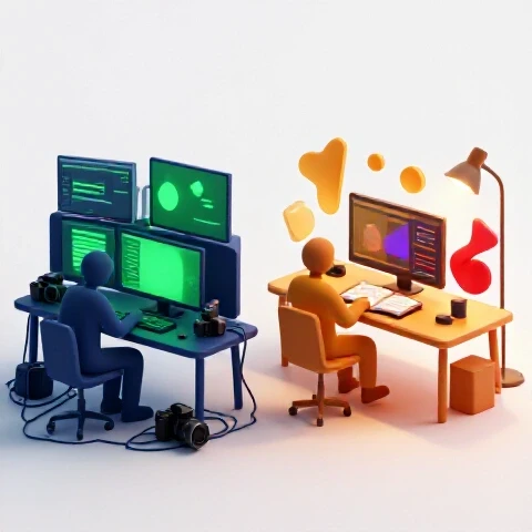 Split scene showing a cluttered, dim creative workspace contrasted with a vibrant, organized area symbolizing recovery from burnout.