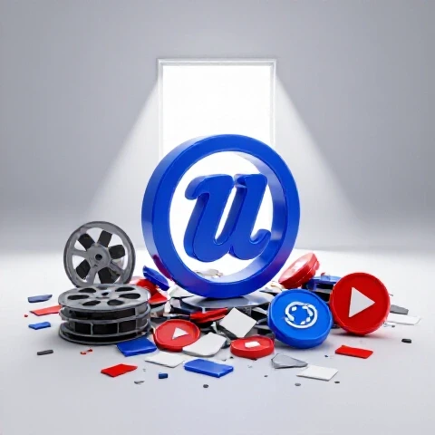 A bold copyright symbol towers over broken video icons and film rolls, with a bright doorway representing hope.