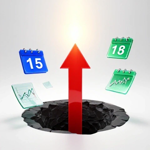 A vibrant arrow ascends from a dark pit towards golden light, flanked by floating data charts and calendar pages on a bright white background.