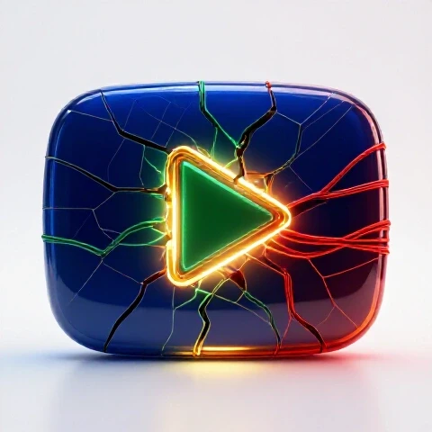 Cracked YouTube play button being repaired with glowing colored threads on a bright studio background