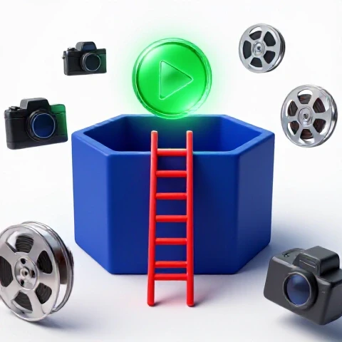 A bold ladder rises from a deep blue video pit toward a glowing green play button amid vibrant studio lighting.