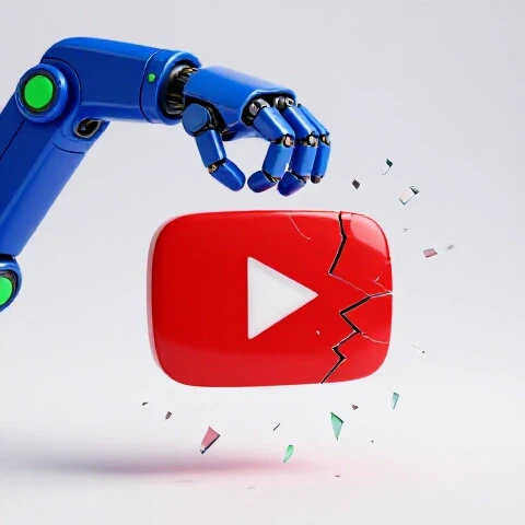 A cracked YouTube play button being lifted by a sleek metallic robotic hand, shards suspended mid-air on a bright studio background.