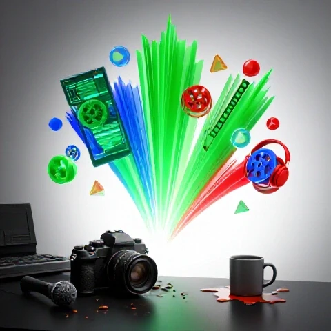 A cluttered dark workspace transitions into a vibrant scene with colorful video tools on a bright background.