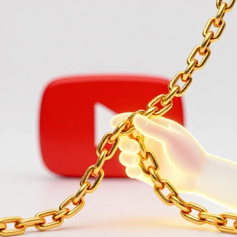 A glowing hand repairs a broken golden chain in front of a blurred red YouTube play button symbol.