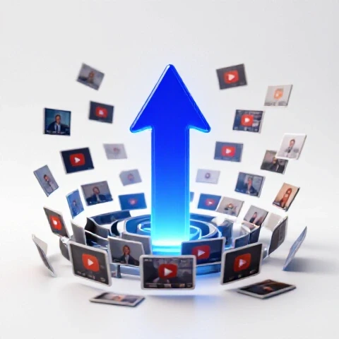 A glowing blue upward arrow emerges powerfully from a maze of blurred video thumbnails on a bright white backdrop.