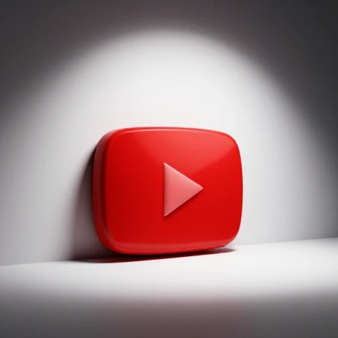 A glossy red YouTube play button dramatically spotlighted as it emerges from a shadow on a bright background.