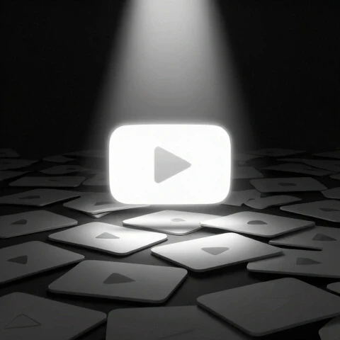 3d-rendered glowing video thumbnail spotlighted and lifted from a sea of faded thumbnails, dramatic and modern look.