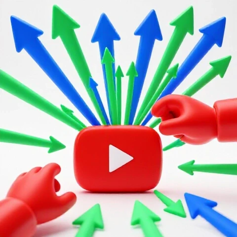 A deflated red YouTube play button being revived by a dynamic hand with vibrant upward arrows on a bright studio background.