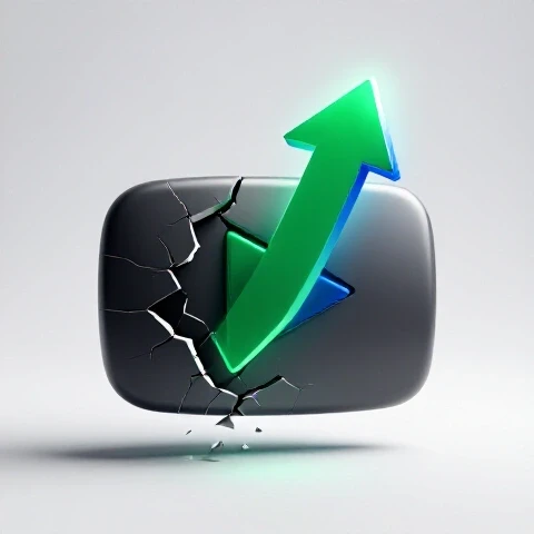 Cracked YouTube play button transforming into a vibrant arrow on a bright white studio background