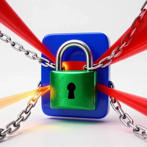A locked video thumbnail with chains and a green padlock is illuminated by vibrant beams breaking through, representing video recovery.