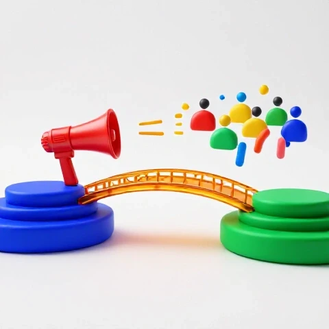 A glossy, colorful bridge connects bold stepping stones with abstract audience shapes drifting apart, symbolizing audience reconnection.