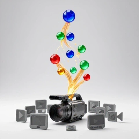 A central metallic-gray video camera surrounded by dull video icons transitions upward into a vibrant spiral path lined with colorful play buttons and energy bursts, all placed on a bright studio background.
