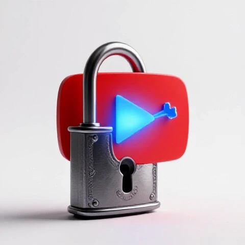 A shadowed YouTube play button locked by a metallic clasp, as a glowing key unlocks radiant light in a luminous studio scene.