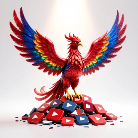 A vibrant phoenix rises from shattered video play icons under a bright spotlight on a clean white background.