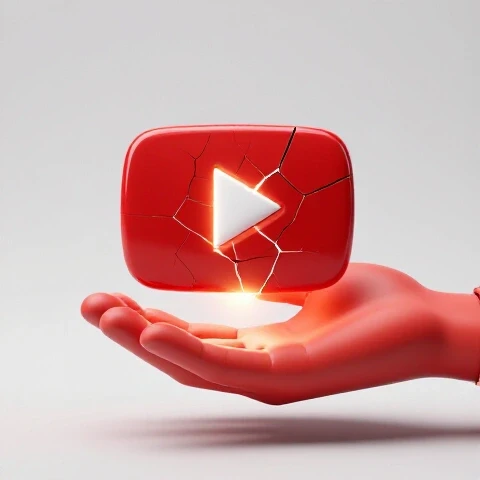 A broken YouTube play button is being restored by a sculpted hand with radiant light shining from its cracks.