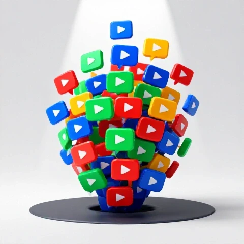 Dynamic surge of vibrant video thumbnails emerging upward into bright light, symbolizing YouTube channel recovery.