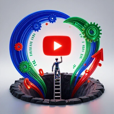 Abstract creator climbs from a dark pit toward a glowing YouTube button, surrounded by vibrant algorithm symbols.