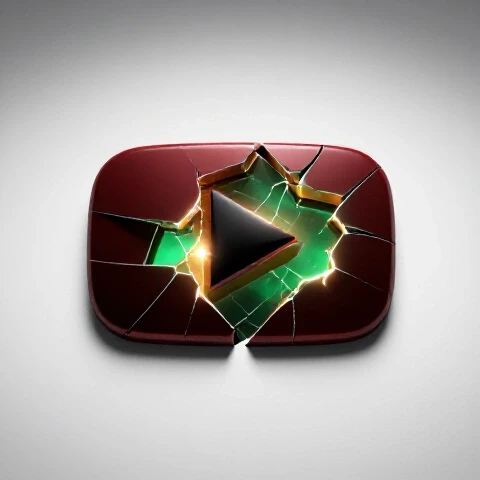 Broken YouTube play button mended with glowing cracks and vibrant light on a bright white background.