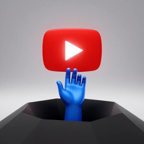 A metallic blue hand rises from a shadowy pit reaching for a glowing red YouTube play button in a bright studio setting.