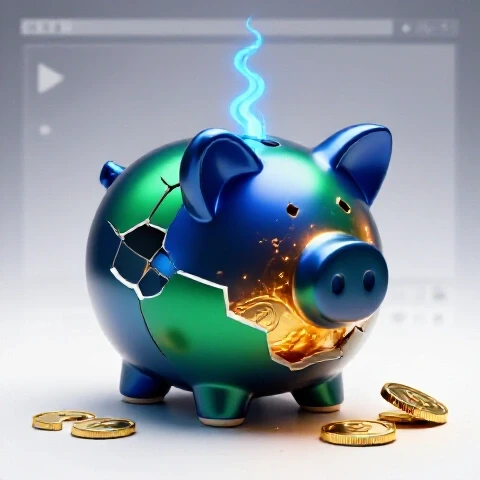 Shattered piggy bank and gold coin rejoining with glowing energy on a bright backdrop, hinting at video platform resilience.
