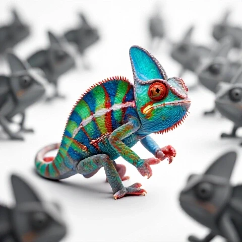 A vibrant chameleon shedding gray skin to reveal bold colors among a blurred crowd of gray chameleons.