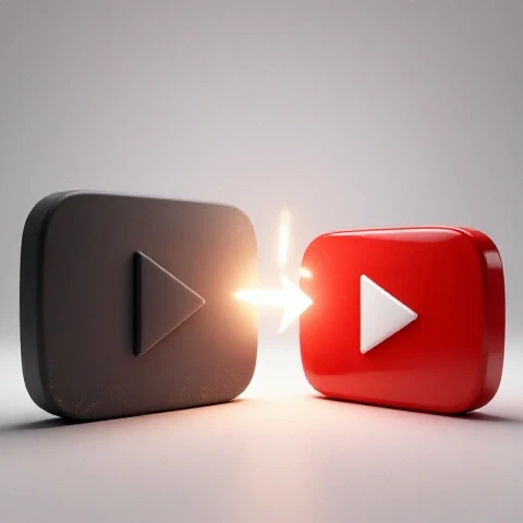 Dim YouTube play button transforming into a vibrant, glowing play button with an upward arrow and burst of light on a bright background.