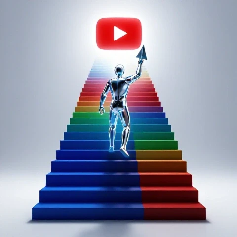 A symbolic figure climbs a glowing staircase toward a radiant YouTube play button, vivid colors above and deep shadows below.