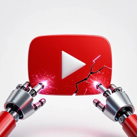 Broken YouTube play button restored by glowing robotic hands with digital energy on bright studio background.