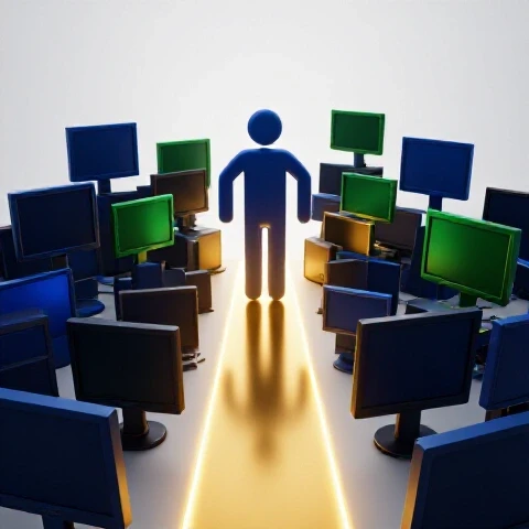 A colorful, abstract video icon surrounded by dim screens with a glowing path leading to a bright, clear horizon