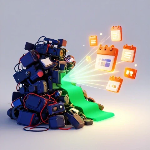 An abstract 3D scene showing a dark, chaotic video workspace transforming into a bright, inviting creative studio.