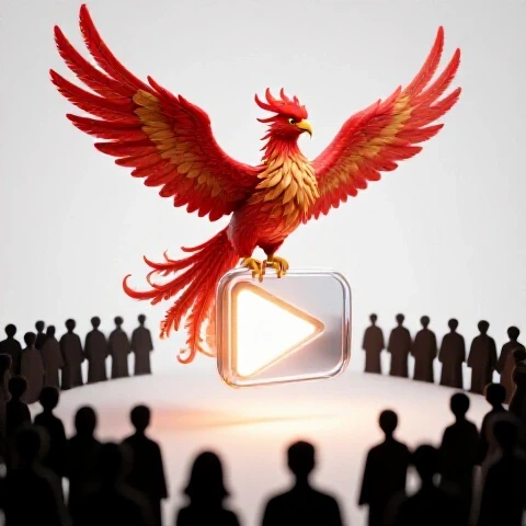 A vivid phoenix rises from faded crowd silhouettes toward a glowing play button on a bright white background.