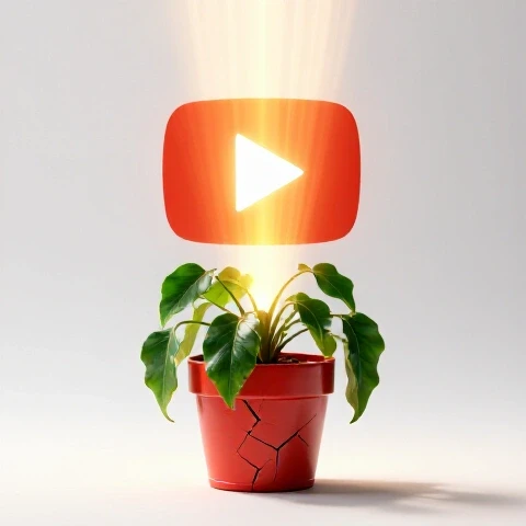 Wilted plant in a cracked pot being revived by a sunlight burst shaped like the YouTube play button