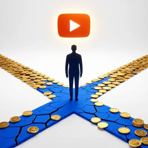 A person-shaped silhouette stands at a crossroads between a cracked path and a golden route with a glowing YouTube play button above.