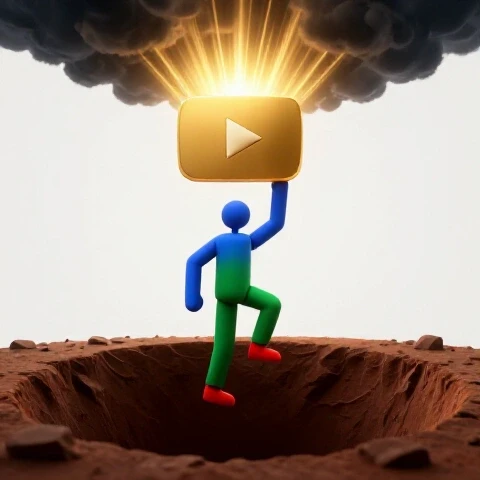 A symbolic figure climbs from a shadowy pit toward a glowing gold YouTube play button, rays of light piercing dark clouds above.