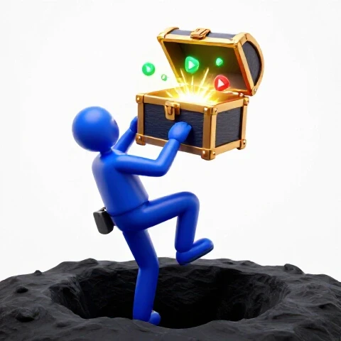 A determined creator figure climbs from a dark pit toward a glowing treasure chest with vivid play buttons in a bright studio scene.