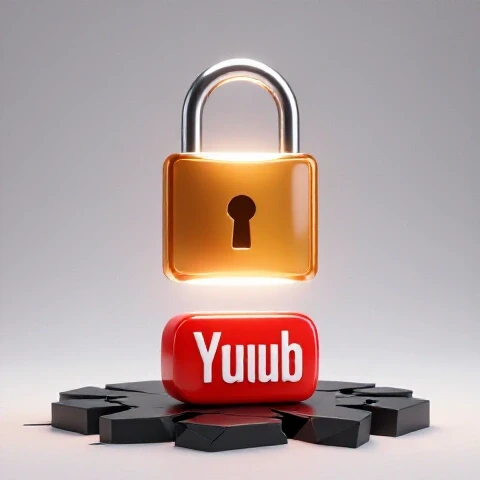 3D-rendered unlocked glowing padlock above a YouTube logo in bright studio lighting, symbolizing recovery from setbacks.