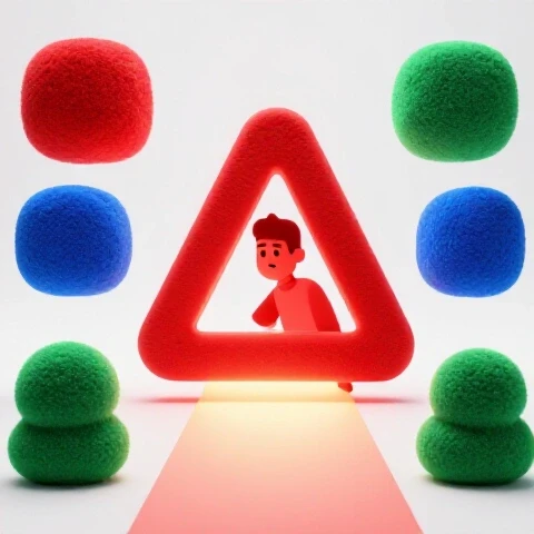 A large red warning symbol stands center, with a worried creator peeking from behind and a hopeful light path leading forward.