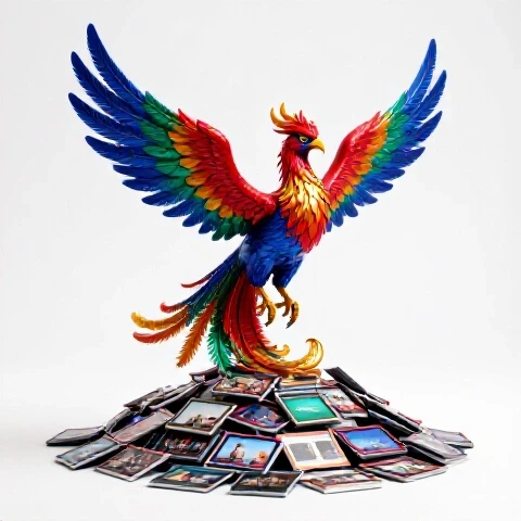 A vivid phoenix with metallic, glossy feathers rises from old colorful video thumbnails on a bright white background.
