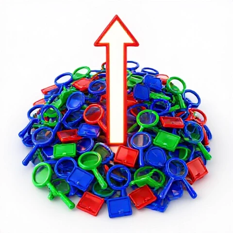 A tangled digital maze of colorful search icons and video thumbnails transforming into a clear upward path with bright arrows, set in a bright studio environment.