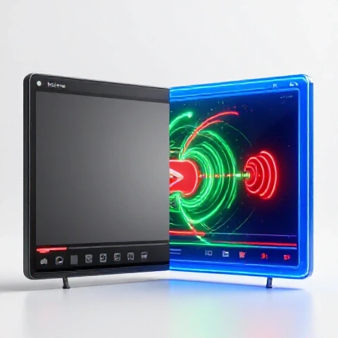 Split-screen 3D scene showing a dull video player transforming into a vibrant, colorful version on a bright white background.