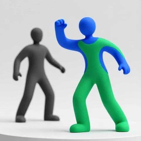 Vibrant blue and green presenter figure in dynamic motion beside a faded, frozen duplicate against a bright studio background.