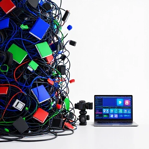 A workspace transitions from chaotic, cluttered video gear to a calm, organized editing setup on a bright white background.