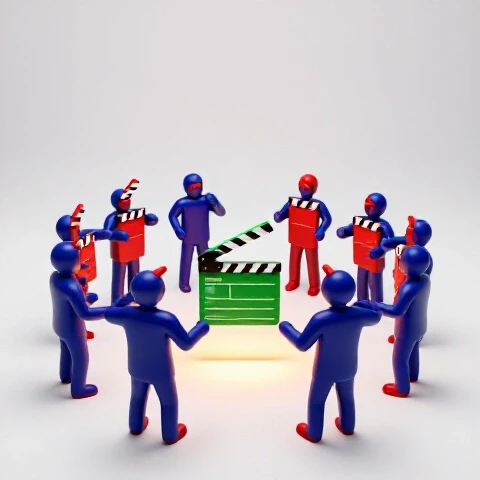 A cluster of colorful clapperboards in chaotic poses, with one central clapperboard standing confidently in a spotlight, symbolizing streamlined video workflow.