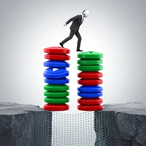 An abstract figure balances on stacked video play buttons above a gap with a safety net below, set against a luminous background.