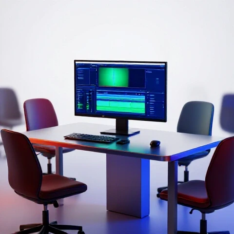 Central video editing desk and workstation, glowing screen, surrounded by empty chairs, in a bright white studio.