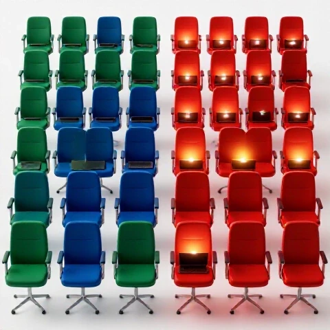 Vivid split-screen of empty colorful chairs with closed laptops fading into glowing seats and open devices, symbolizing YouTube viewer drop-off and engagement.