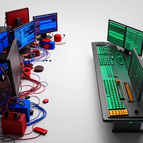 Split scene of a cluttered editing workspace transforming into a streamlined, organized setup with vivid colors