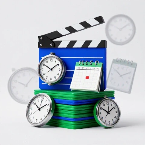 A vibrant stack of colorful clapperboards, clocks, and calendars centered on a bright studio background, some fading into the distance.