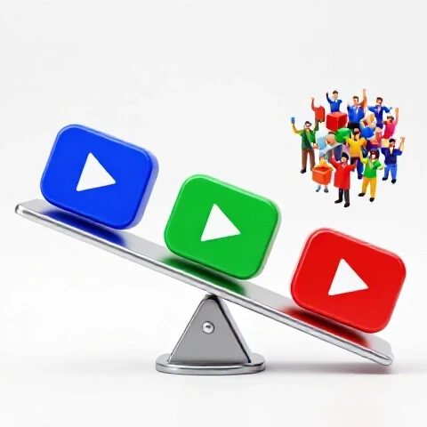 A vibrant 3D metallic seesaw with a few large video icons lifting a crowd of colorful viewer cubes in a bright studio setting.